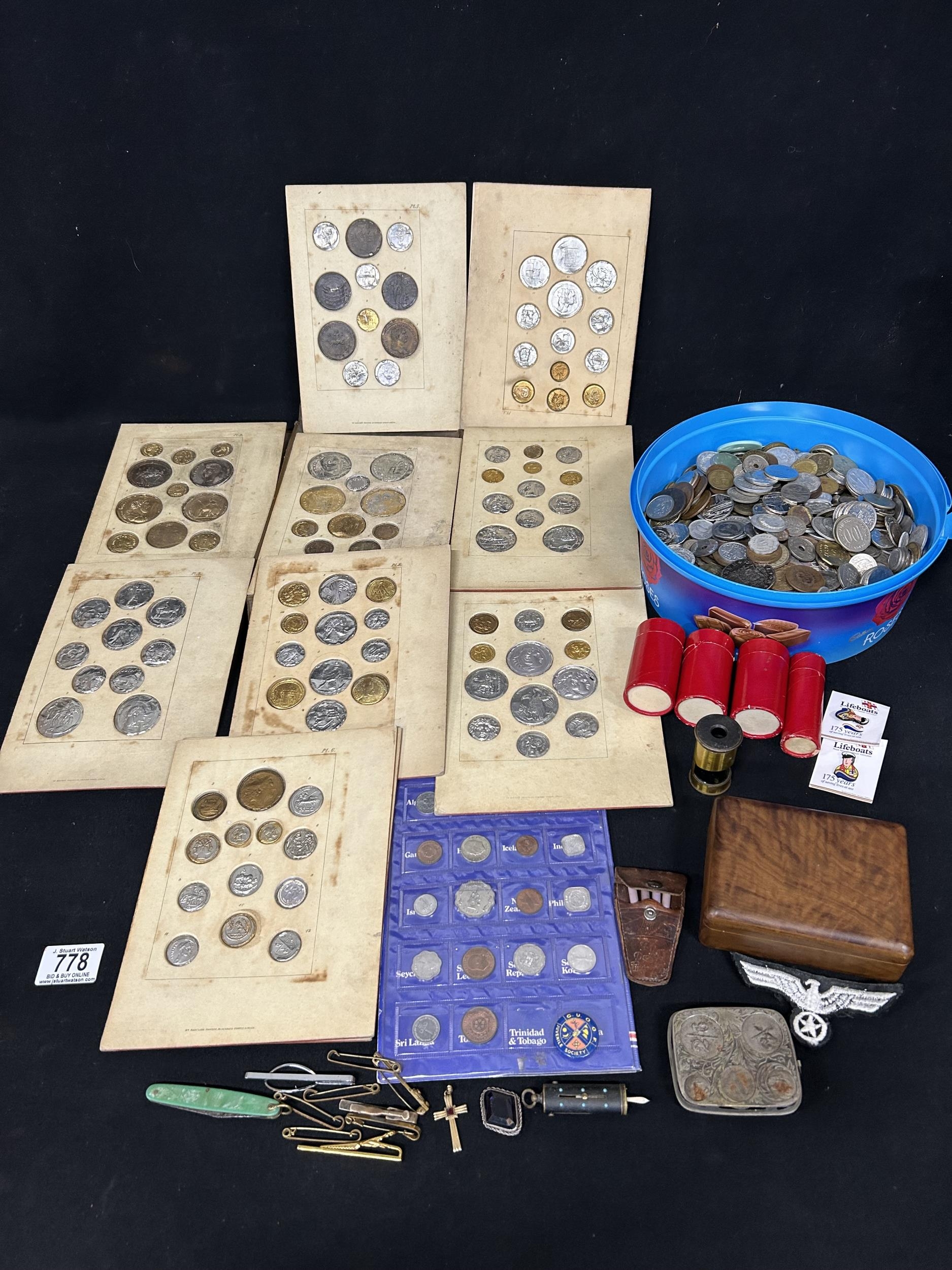 Tub of coins, tokens, badges and facsimiles plus small sundries