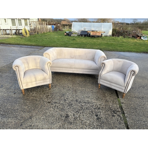 251 - A taupe velvet three piece club style lounge suite by ALEXANDER JAMES sofa 195cm wide
