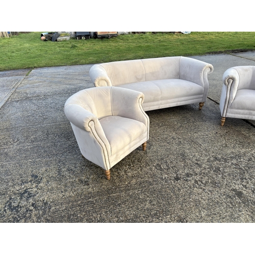 251 - A taupe velvet three piece club style lounge suite by ALEXANDER JAMES sofa 195cm wide