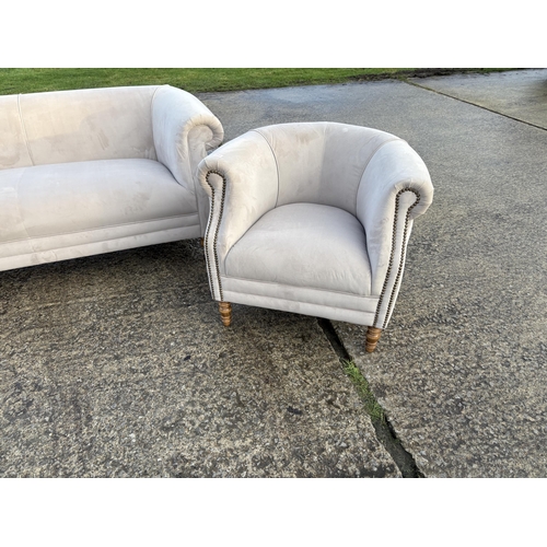 251 - A taupe velvet three piece club style lounge suite by ALEXANDER JAMES sofa 195cm wide