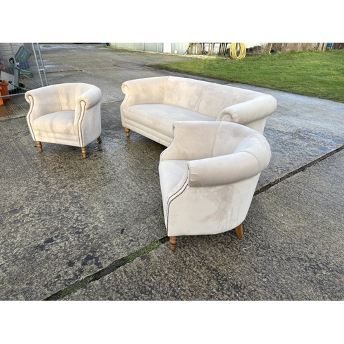 251 - A taupe velvet three piece club style lounge suite by ALEXANDER JAMES sofa 195cm wide