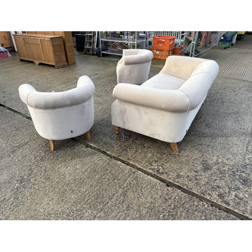 251 - A taupe velvet three piece club style lounge suite by ALEXANDER JAMES sofa 195cm wide