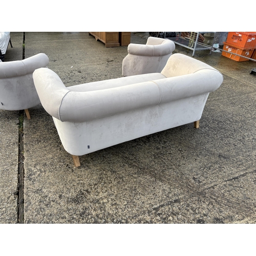 251 - A taupe velvet three piece club style lounge suite by ALEXANDER JAMES sofa 195cm wide