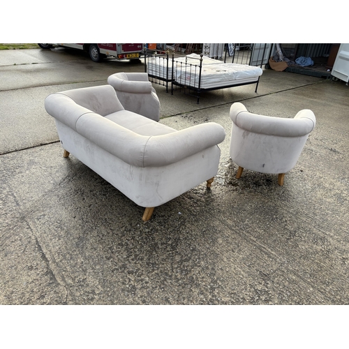 251 - A taupe velvet three piece club style lounge suite by ALEXANDER JAMES sofa 195cm wide