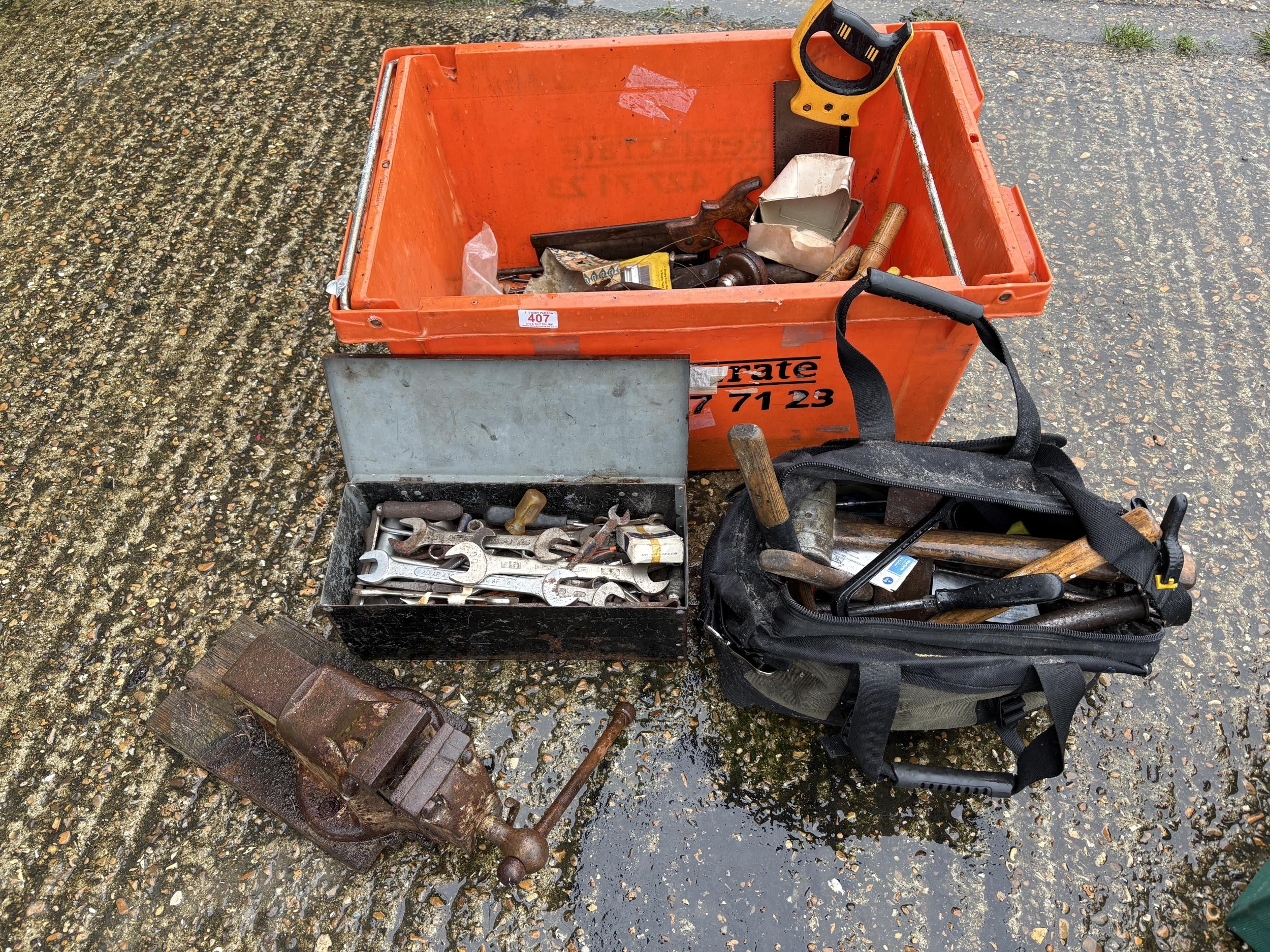 Vice, box of spanner's, tool bag with contents and orange box sundry tools