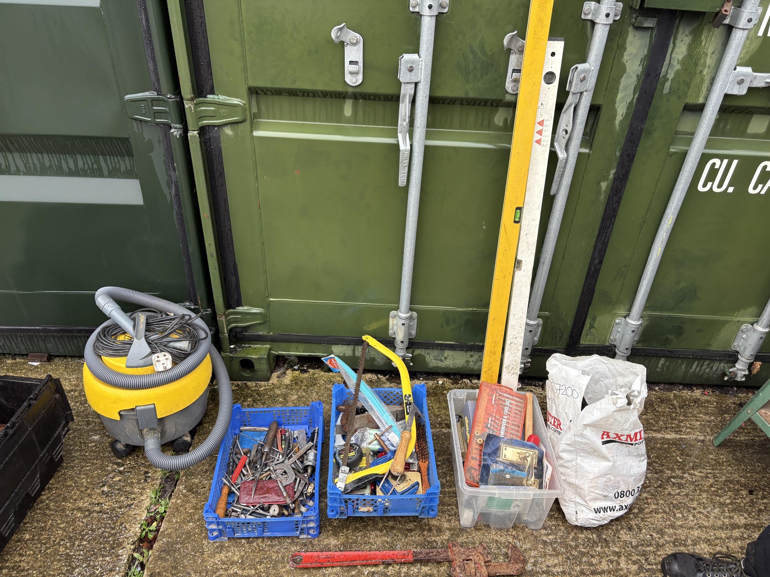 Three trays sundry tools, levels, hoover and bag accessories
