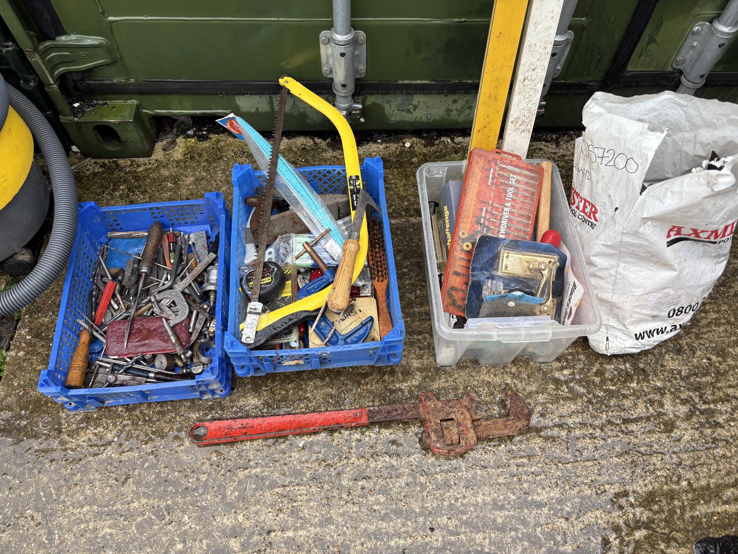 Three trays sundry tools, levels, hoover and bag accessories