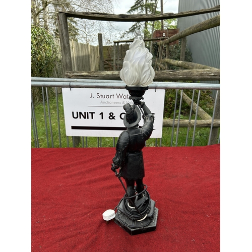 631 - Painted Spelter Cavalier Lamp with flame shade, height 74 cms, working