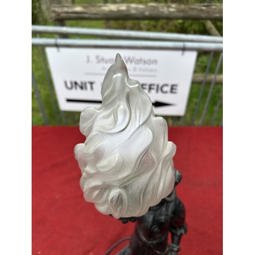 631 - Painted Spelter Cavalier Lamp with flame shade, height 74 cms, working