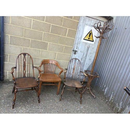 243 - Three oak carver chairs and a bentwood hall stand