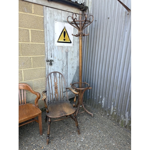 243 - Three oak carver chairs and a bentwood hall stand