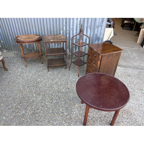 249 - An oak barley twist table, mahogany cake stand, oval occasional table, mahogany bedside and circular... 