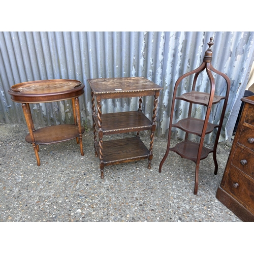 249 - An oak barley twist table, mahogany cake stand, oval occasional table, mahogany bedside and circular... 