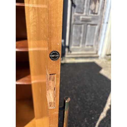 257 - A deco style maple gents tallboy with button label 'Pall mall east HAMPTONS London' 84x46x140