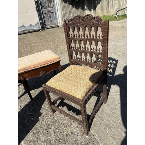 261 - A French mahogany duet piano stool, carved oak chair and a wall shelf