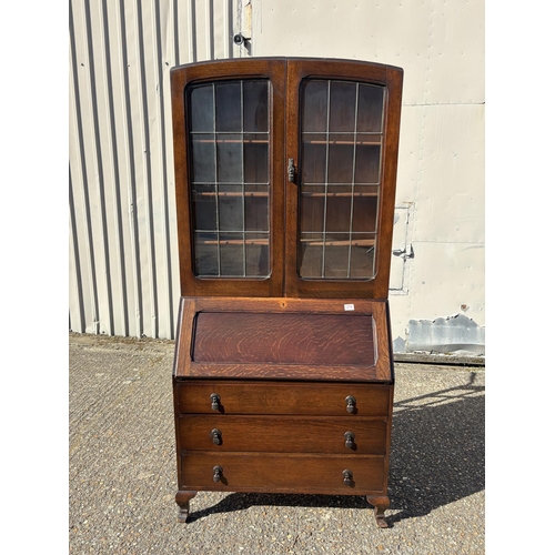 274 - A 20th century oak bureau bookcase with leaded glass cabinet top 90x40x190