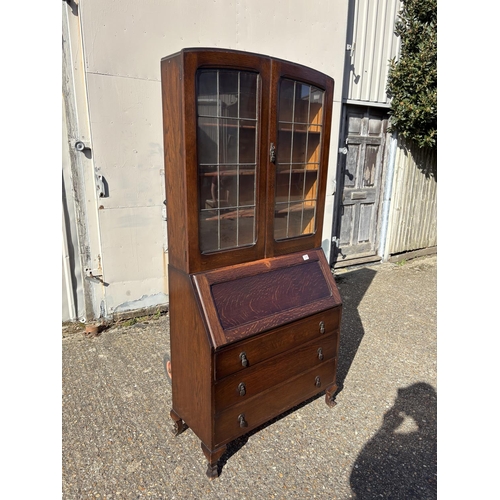 274 - A 20th century oak bureau bookcase with leaded glass cabinet top 90x40x190