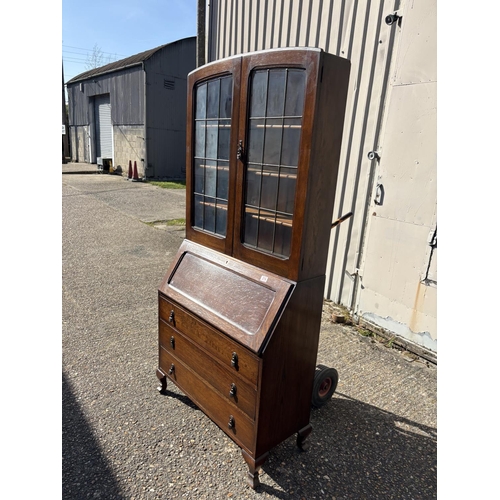 274 - A 20th century oak bureau bookcase with leaded glass cabinet top 90x40x190