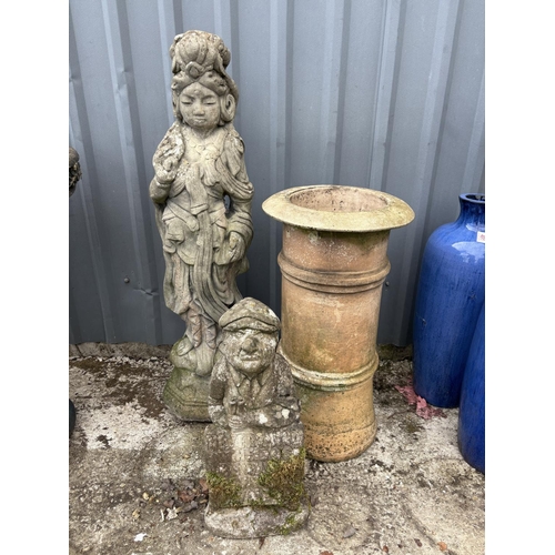 492 - Chimney pot, oriental figure, height 103 cms and an old man figure