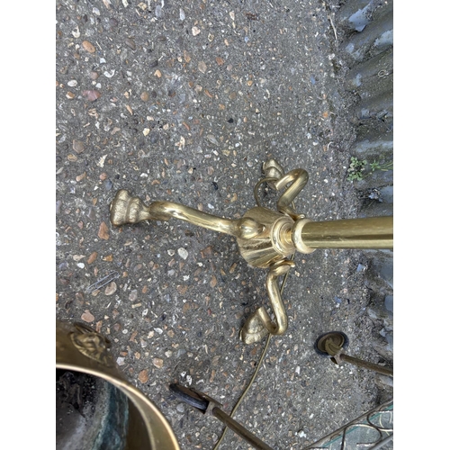 54 - Brass standard lamp, retro trolley, wine rack, brass planter and paper rack