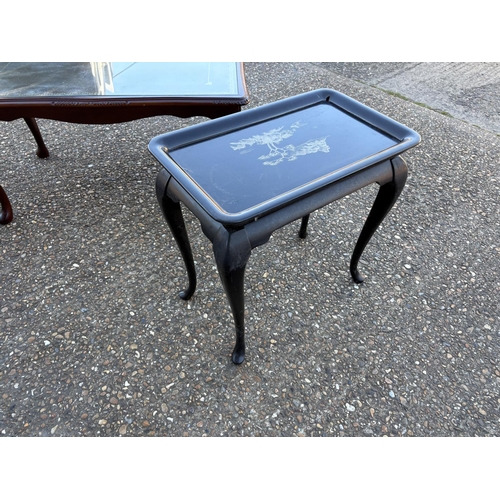 55 - A repro mahogany coffee table, two corner whatnots and an oriental table
