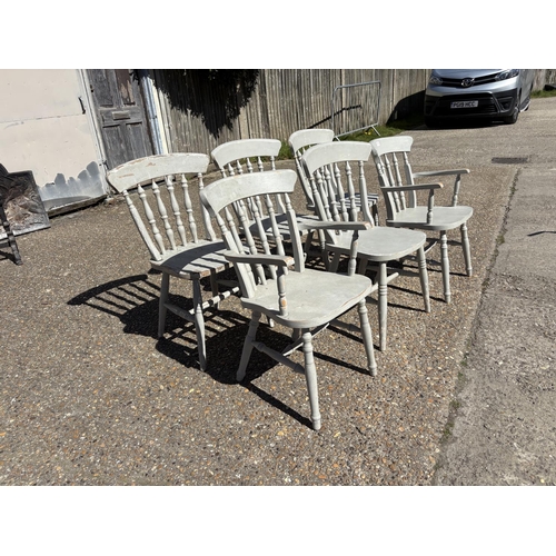 65 - A set of six grey painted pine kitchen chairs