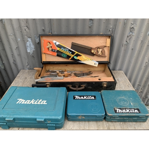 503 - Vintage Carpenter's toolbox and contents, plus 3 empty Makita cases