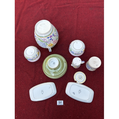 591 - Small collection of Poole pottery, vase height 18cm, no damage except chip to jam pot lid.