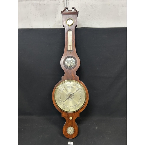 601 - Antique Mahogany Wheel Barometer by J Vassalli, Scarborough, seemingly working , height 110 cms, wid... 