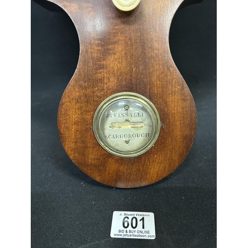 601 - Antique Mahogany Wheel Barometer by J Vassalli, Scarborough, seemingly working , height 110 cms, wid... 