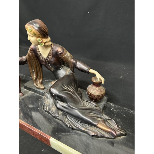 602 - Art Deco Lady & Dog Figure, on heavy marble base, length 58 cms, width 21 cms