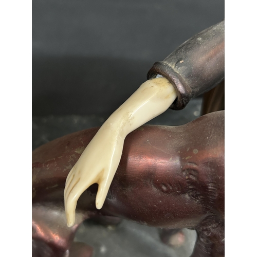 602 - Art Deco Lady & Dog Figure, on heavy marble base, length 58 cms, width 21 cms