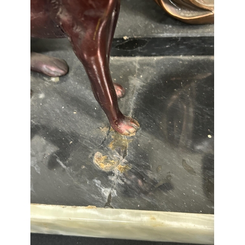 602 - Art Deco Lady & Dog Figure, on heavy marble base, length 58 cms, width 21 cms