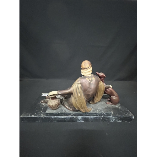 602 - Art Deco Lady & Dog Figure, on heavy marble base, length 58 cms, width 21 cms