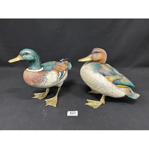 623 - Pair of large painted heavy brass ducks
