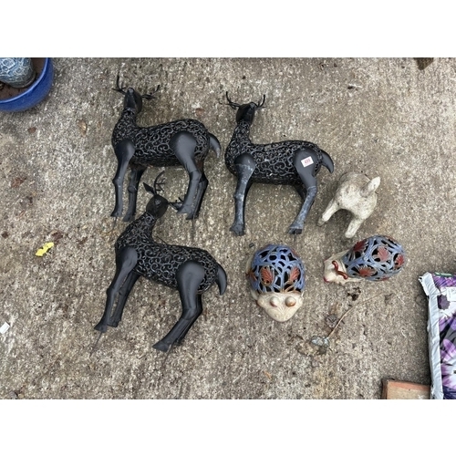 499 - Three Metal Stag Figures, tallest 55 cms,  snail, frog and dog figures (6)