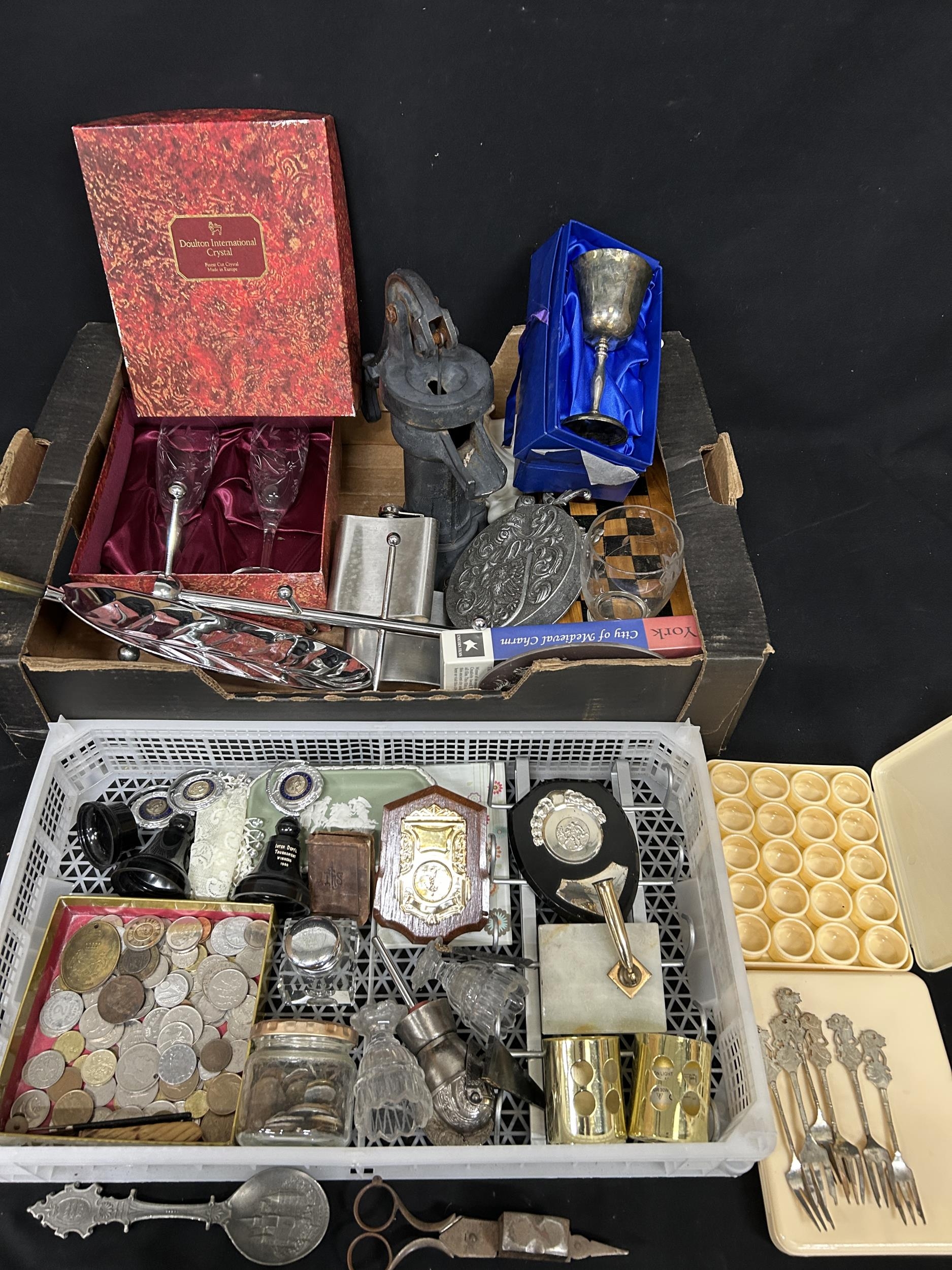Two trays of Coins, trophies and sundry items (2)