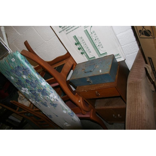 649 - TWO CHAIRS, IRONING BOARD AND A CABINET