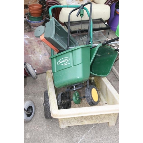 173 - GARDEN TROLLEY AND THREE SEED SPREADERS