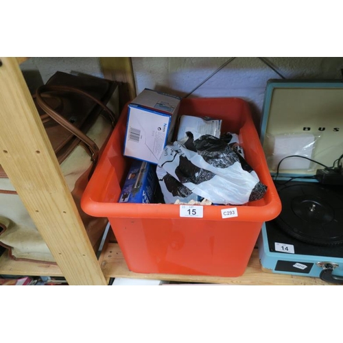 15 - RED PLASTIC CRATE OF AQUARIUM ACCESSORIES