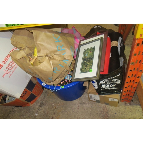 163 - 1 BUCKET, 2 BAGS & 1 BOX OF ODDS- TOYS, PICTURES ETC