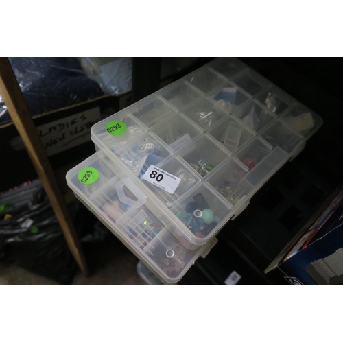 80 - 2 PLASTIC SMALL COMPARTMENT JEWELLERY BOXES W/ CONTENTS