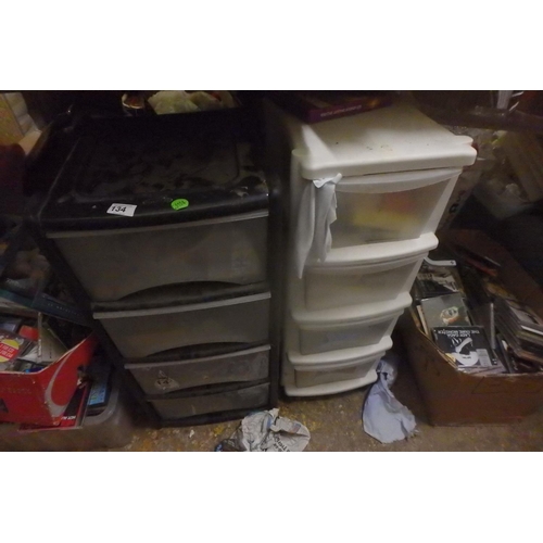 134 - 2 4 TIER PLASTIC DRAWER UNITS W/CONTENTS OF ODDS