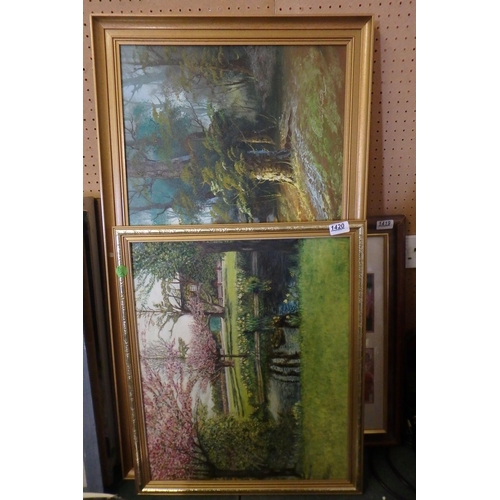 1420 - 2 FRAMED PAINTINGS AND MIRROR