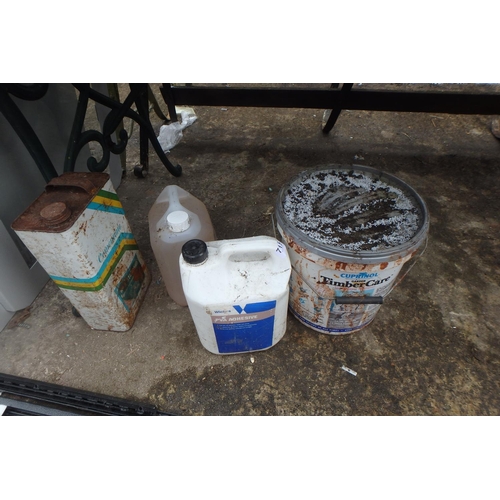 715 - 3 BOTTLES OF CHEMICALS/CLEANERS & TUB OF WOODEN FENCE CARE PAINT