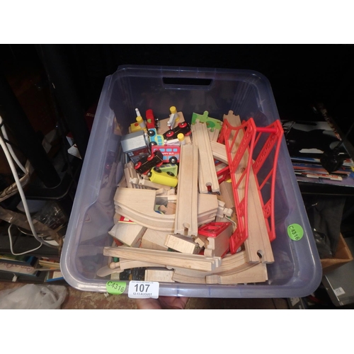 107 - CRATE OF WOODEN TRAIN TRACK & ACCESSORIES