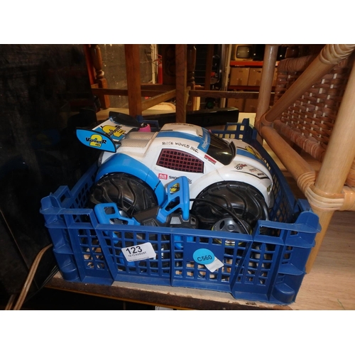 123 - CRATE W/ 2 R/C CARS & CONTROLLERS