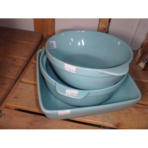 2130 - THREE PIECE BLUE CERAMIC KITCHENWARE SET