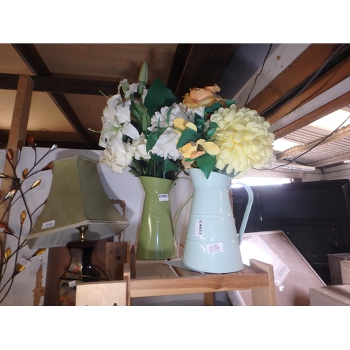 2138 - TWO TIN JUGS OF ARTIFICIAL FLOWERS