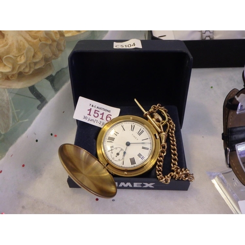 1516 - TIMEX POCKET WATCH AND CHAIN IN BOX, GOLD COLOURED.